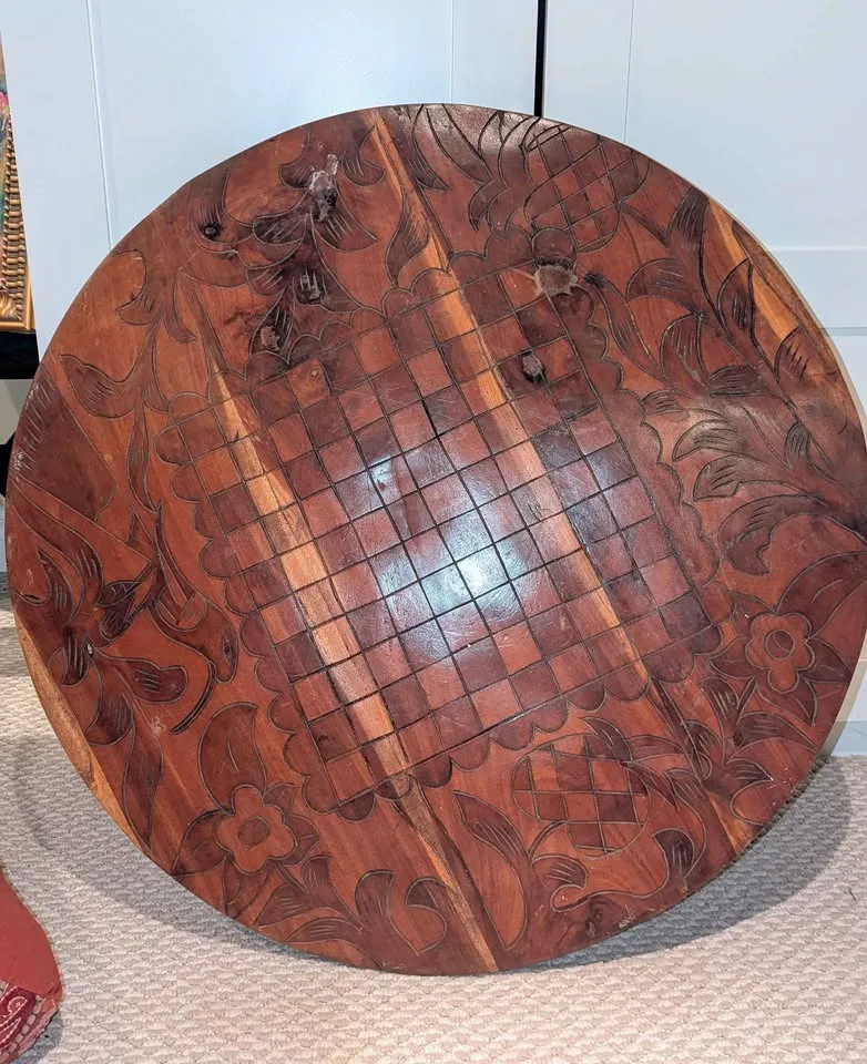 Vintage Hand-Carved Wood Game Board 31.5” (Chess/Checkers) image indicator(3)