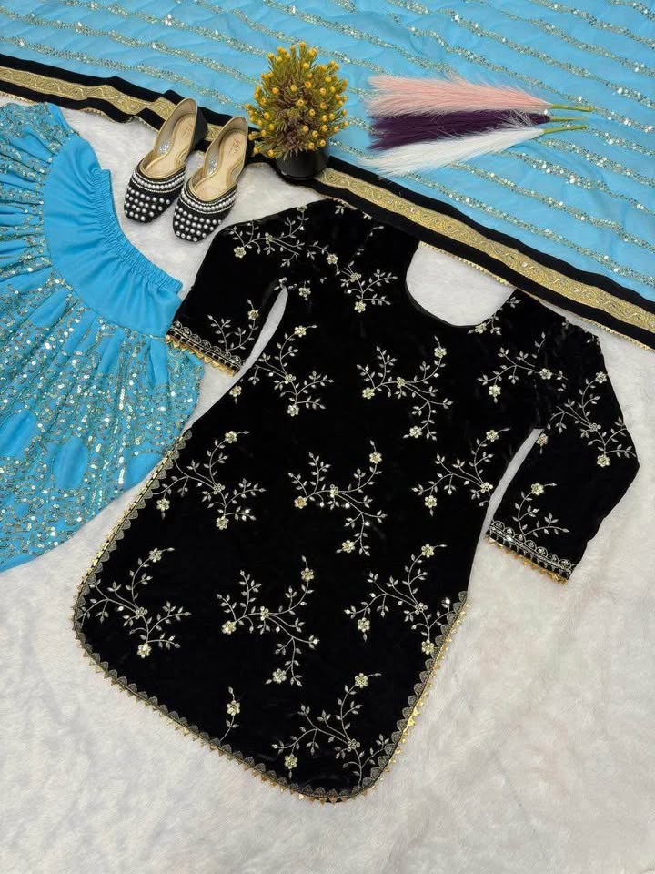 Black velvet suit with salwar - photo 5