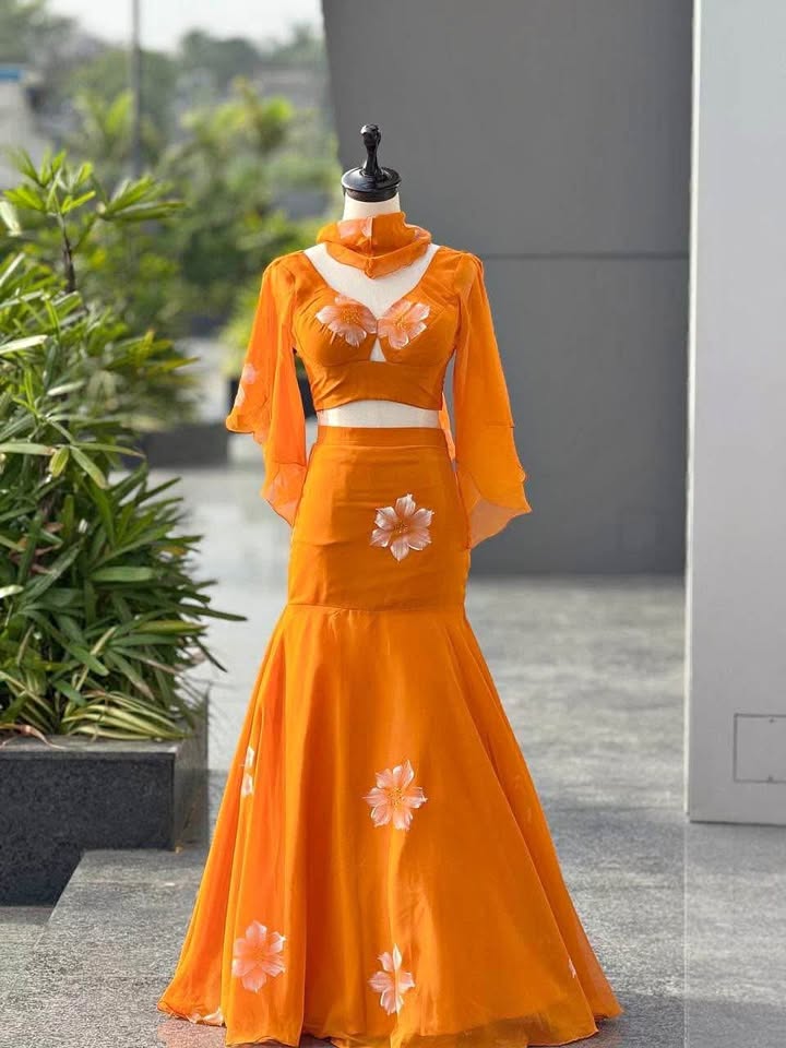 Beautiful fishcut hand painted floral Lehenga