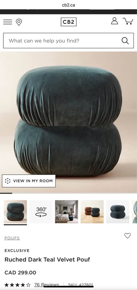 CB2 Ruched Dark Teal Velvet Pouf – Excellent Condition, like new - photo 5