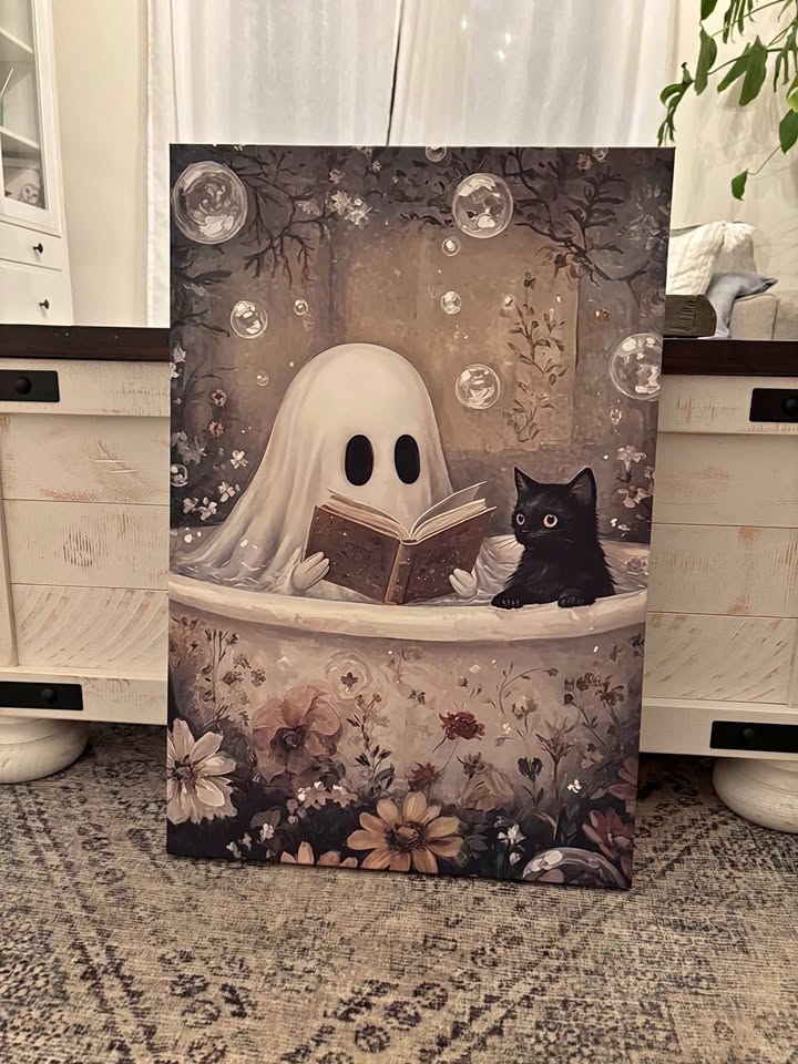 Ghost & Cat In Bathtub Canvas Wall Art-Ready To Hang