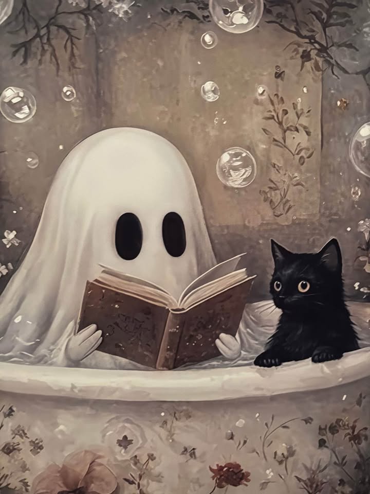 Ghost & Cat In Bathtub Canvas Wall Art-Ready To Hang - photo 2