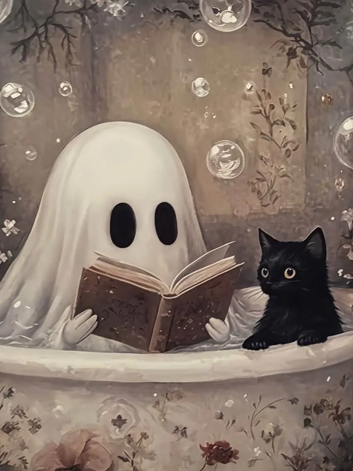 Ghost & Cat In Bathtub Canvas Wall Art-Ready To Hang image indicator(2)
