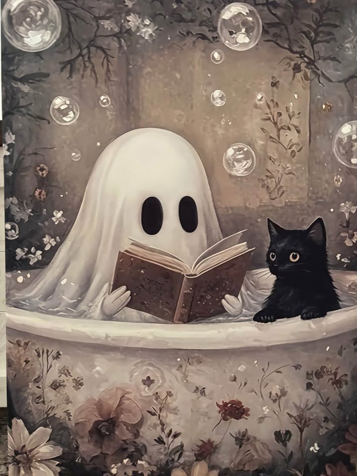 Ghost & Cat In Bathtub Canvas Wall Art-Ready To Hang - photo 3