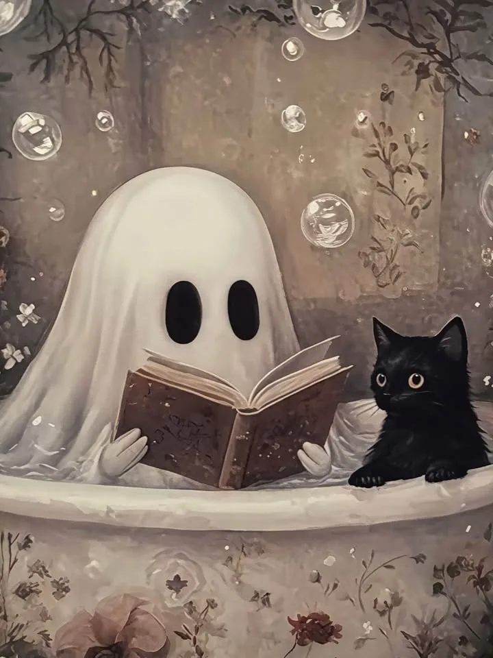 Ghost & Cat In Bathtub Canvas Wall Art-Ready To Hang image indicator(4)