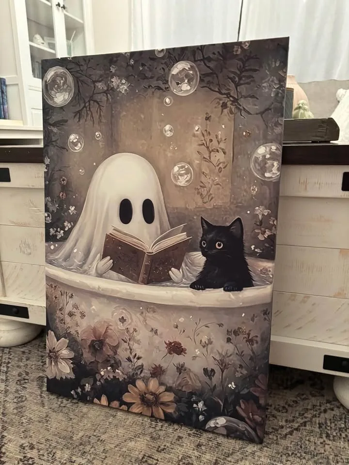 Ghost & Cat In Bathtub Canvas Wall Art-Ready To Hang image indicator(5)