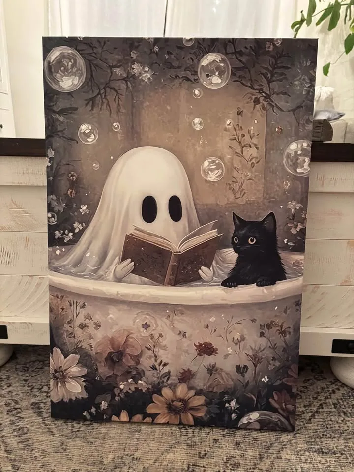 Ghost & Cat In Bathtub Canvas Wall Art-Ready To Hang image indicator(6)