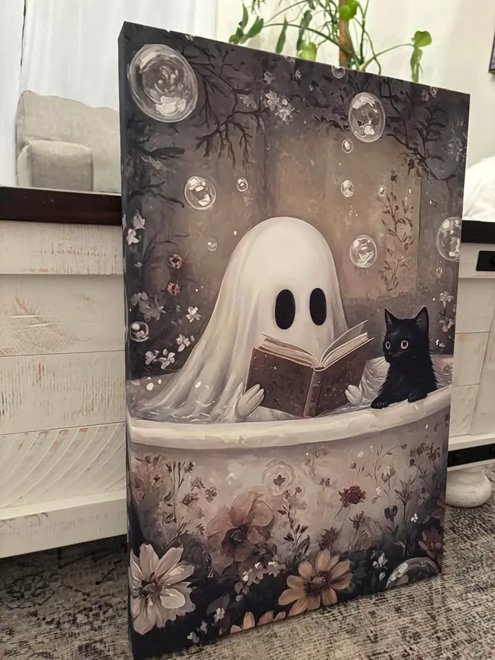 Ghost & Cat In Bathtub Canvas Wall Art-Ready To Hang image indicator(7)