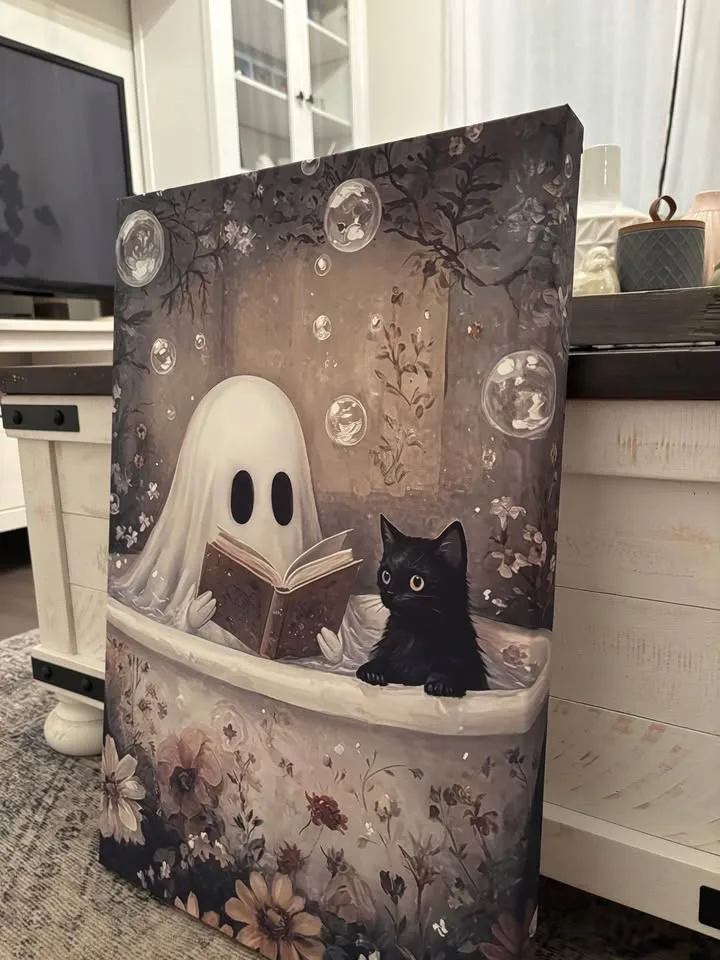 Ghost & Cat In Bathtub Canvas Wall Art-Ready To Hang image indicator(8)