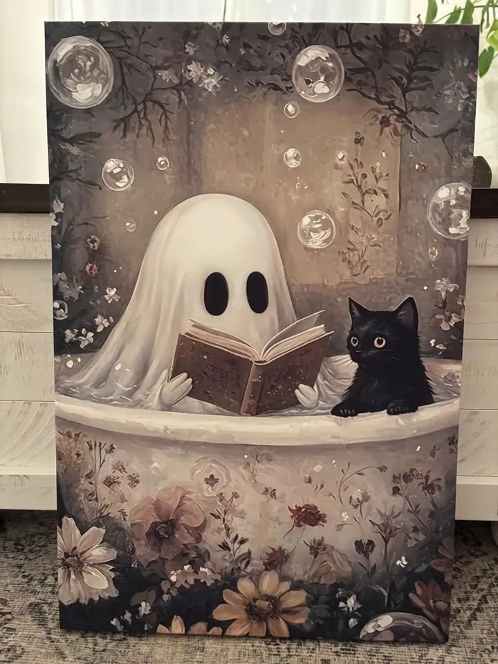 Ghost & Cat In Bathtub Canvas Wall Art-Ready To Hang image indicator(9)