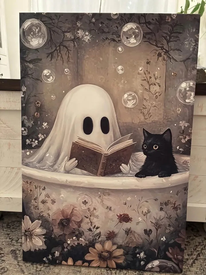 Ghost & Cat In Bathtub Canvas Wall Art-Ready To Hang image indicator(10)