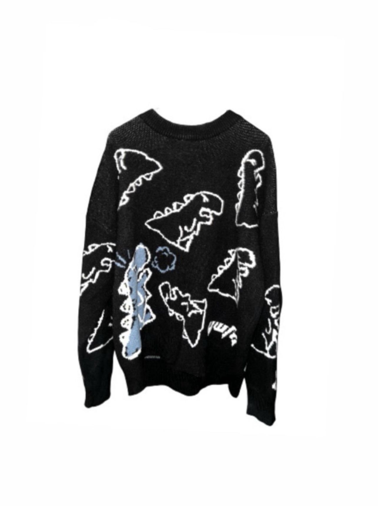 Dinosaur Pattern Knit Cozy Sweatshirt, Cute Black Warm Crewneck