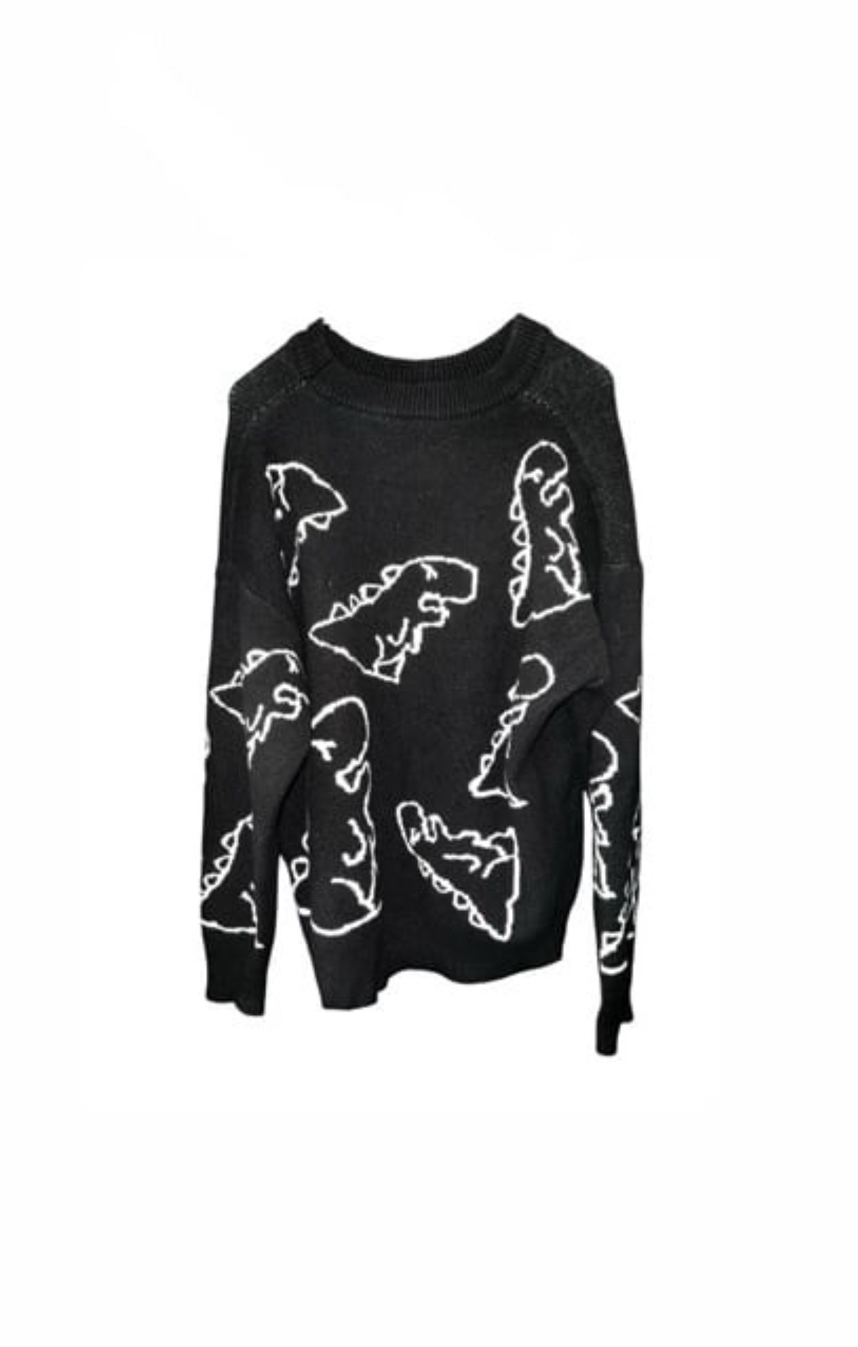 Dinosaur Pattern Knit Cozy Sweatshirt, Cute Black Warm Crewneck - photo 2
