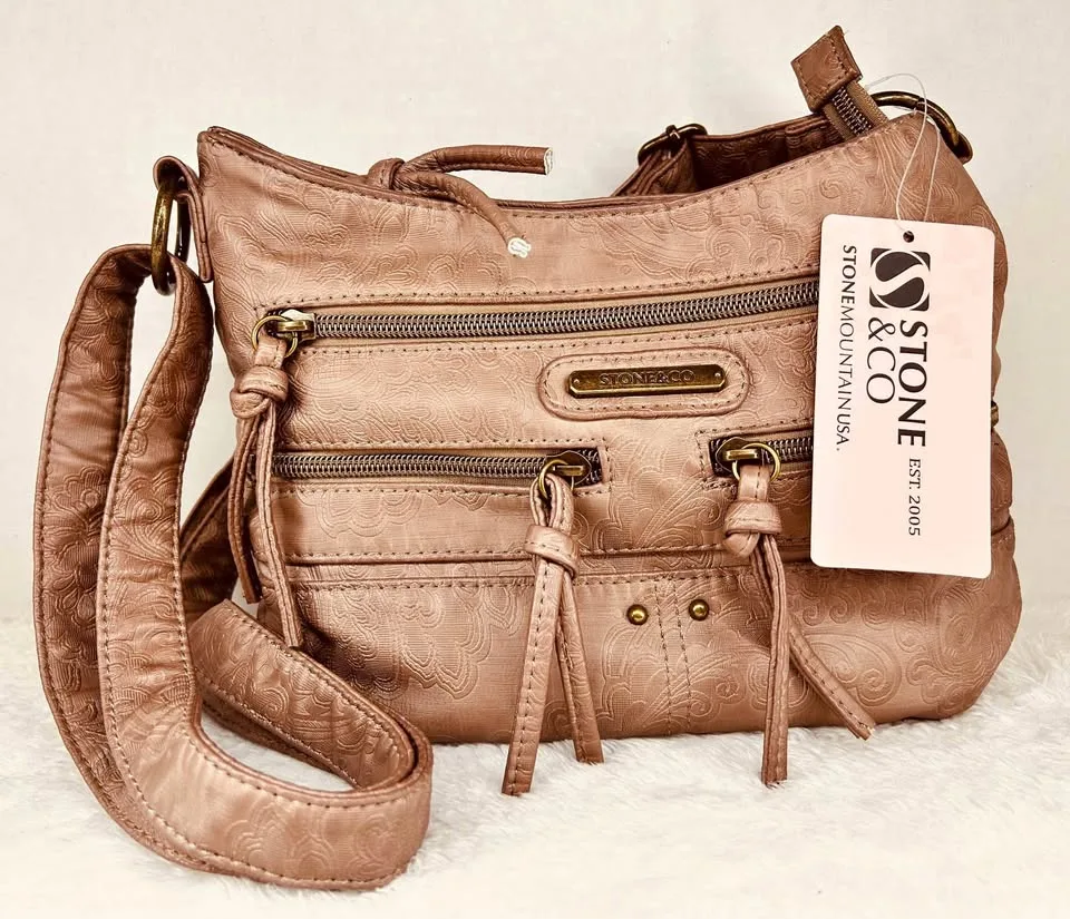 NWT Stone & Co. Embossed Smokey Boat Bottom Hobo Bag Brown Vegan thumbnail