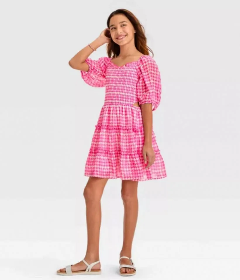 NWT Target Girls Smocked Dress Sz XS-XL Pink/White thumbnail