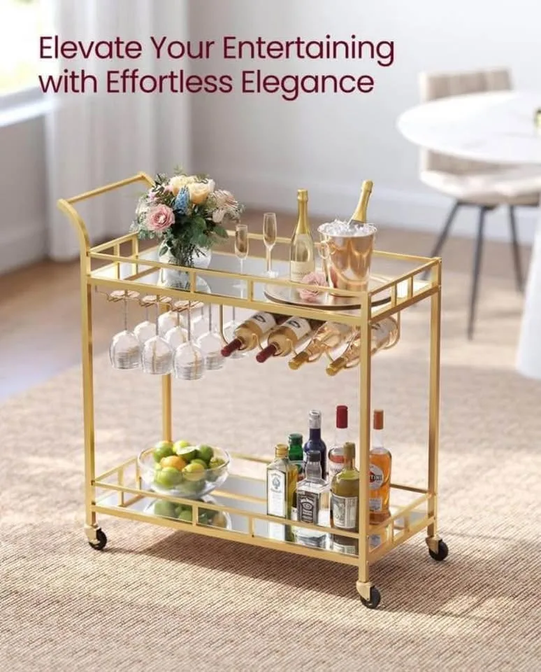 Gold Bar Cart – Serving Trolley with Mirrored Shelves image indicator(2)
