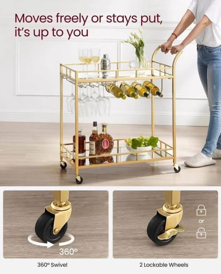 Gold Bar Cart – Serving Trolley with Mirrored Shelves image indicator(8)