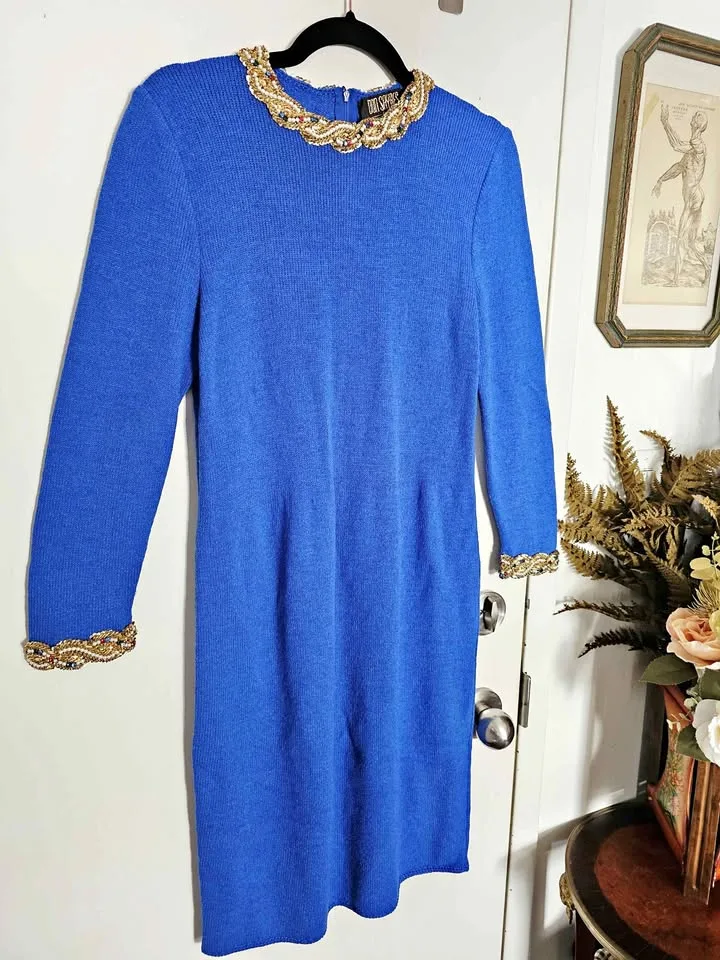 80s Wool Beaded Retro Glam Knit Blue Dress Vintage Party Dress
