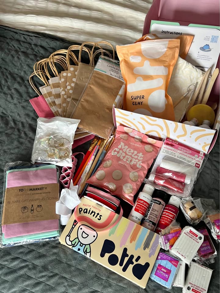 Assort craft supplies! Paint, clay, ribbon, air dry clay kit, pa