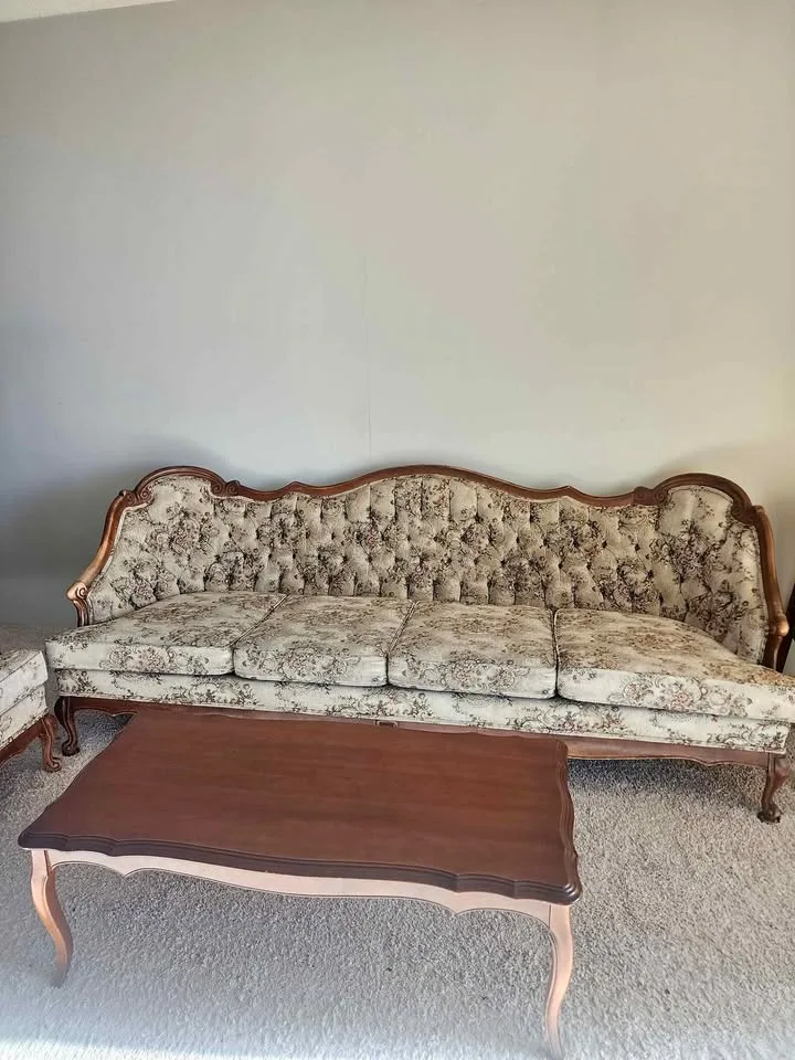 Vintage French Provincial Sofa, Armchair & Table