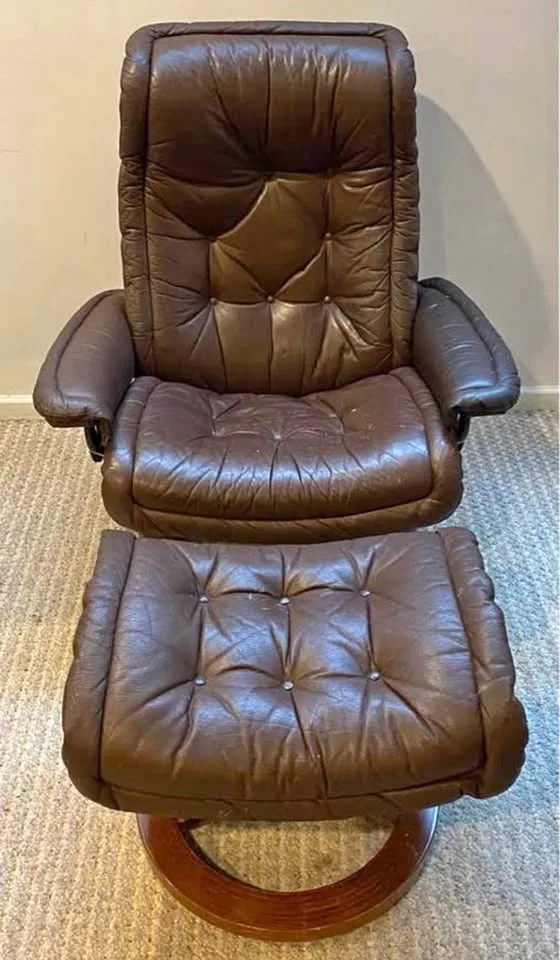 Brown Leather Swivel Recliner With Ottoman