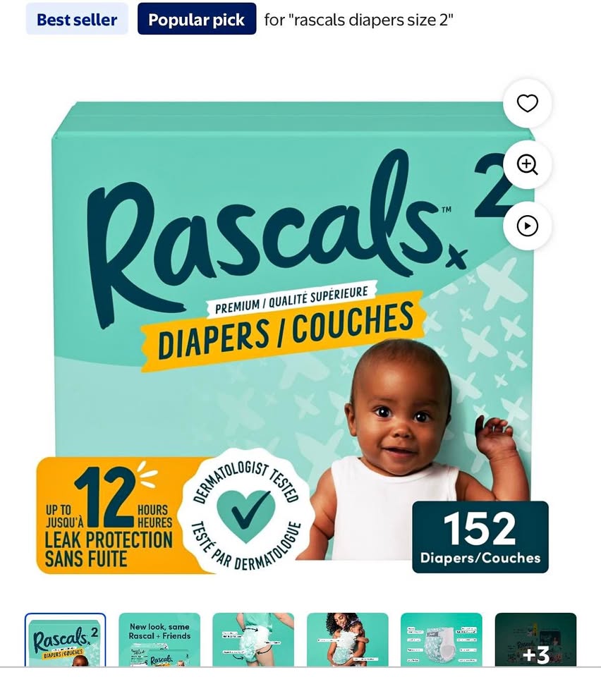 Rascals Premium Baby Diapers Size 2, 304 Count