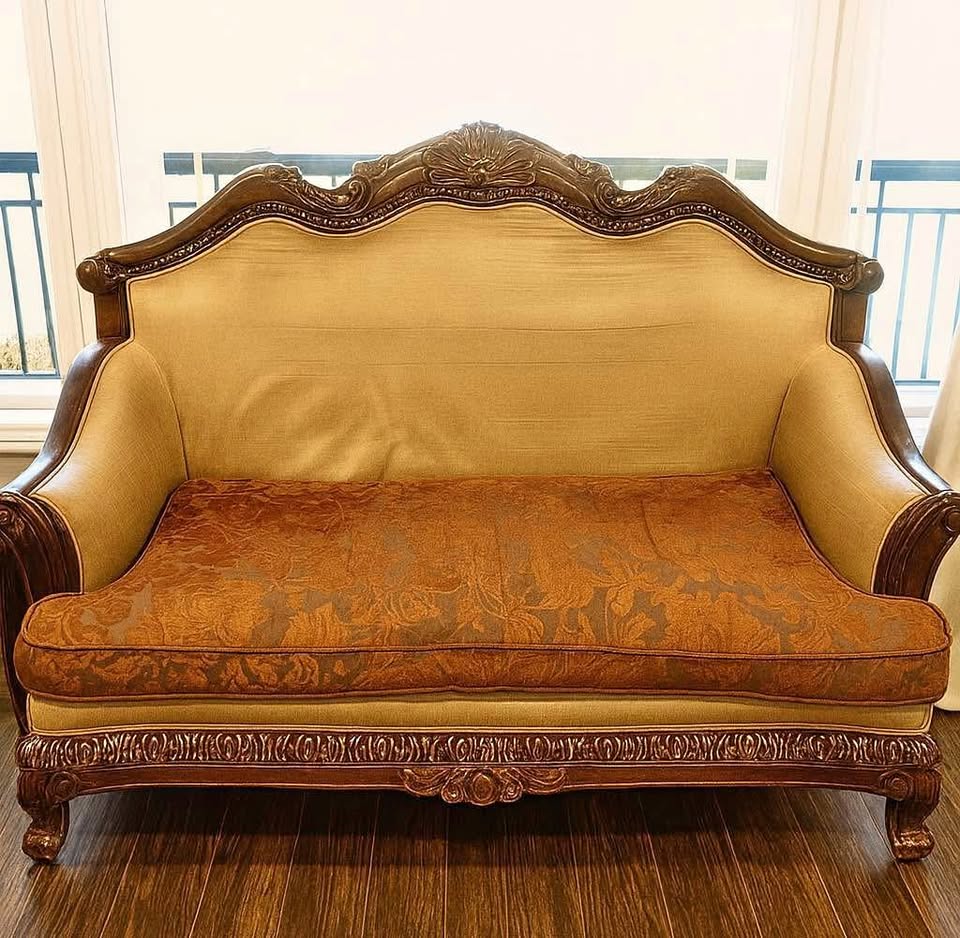 Vintage Solid Wood Carved Sofa — Heavy, Classic & Well-Made