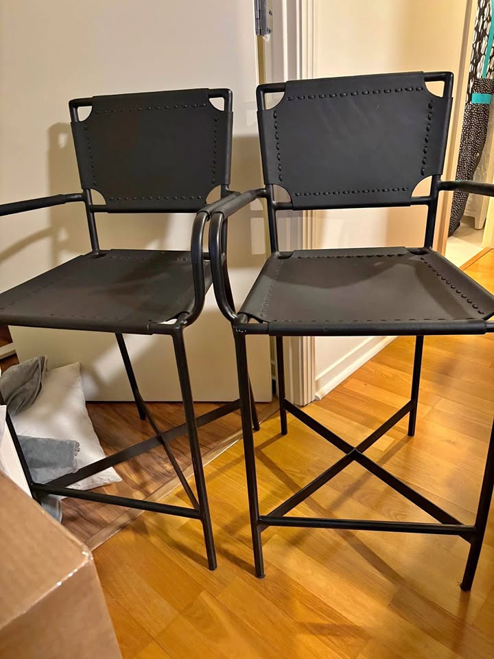 Set of 2 CB2 Black Leather Bar Stools
