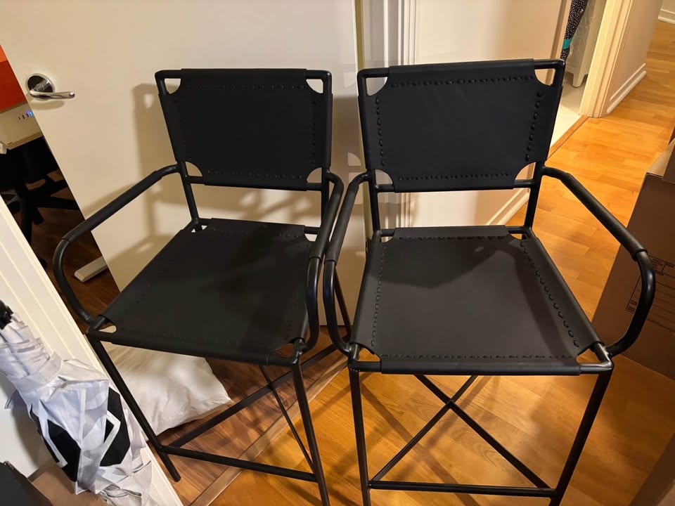 Set of 2 CB2 Black Leather Bar Stools - photo 2