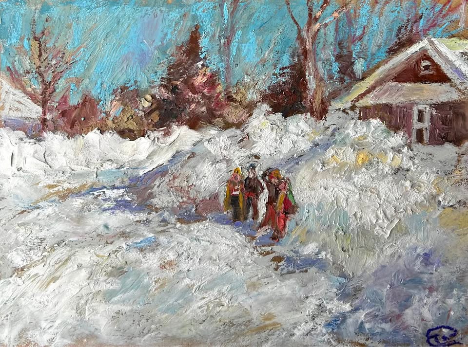 "Snow Day" Original Oil Pastel Painting