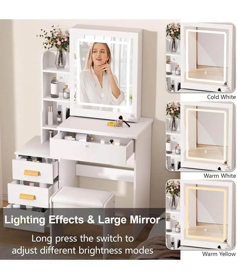 ✨ Makeup Vanity Desk with LED Light Mirror & Drawers – White-Qua image indicator(3)