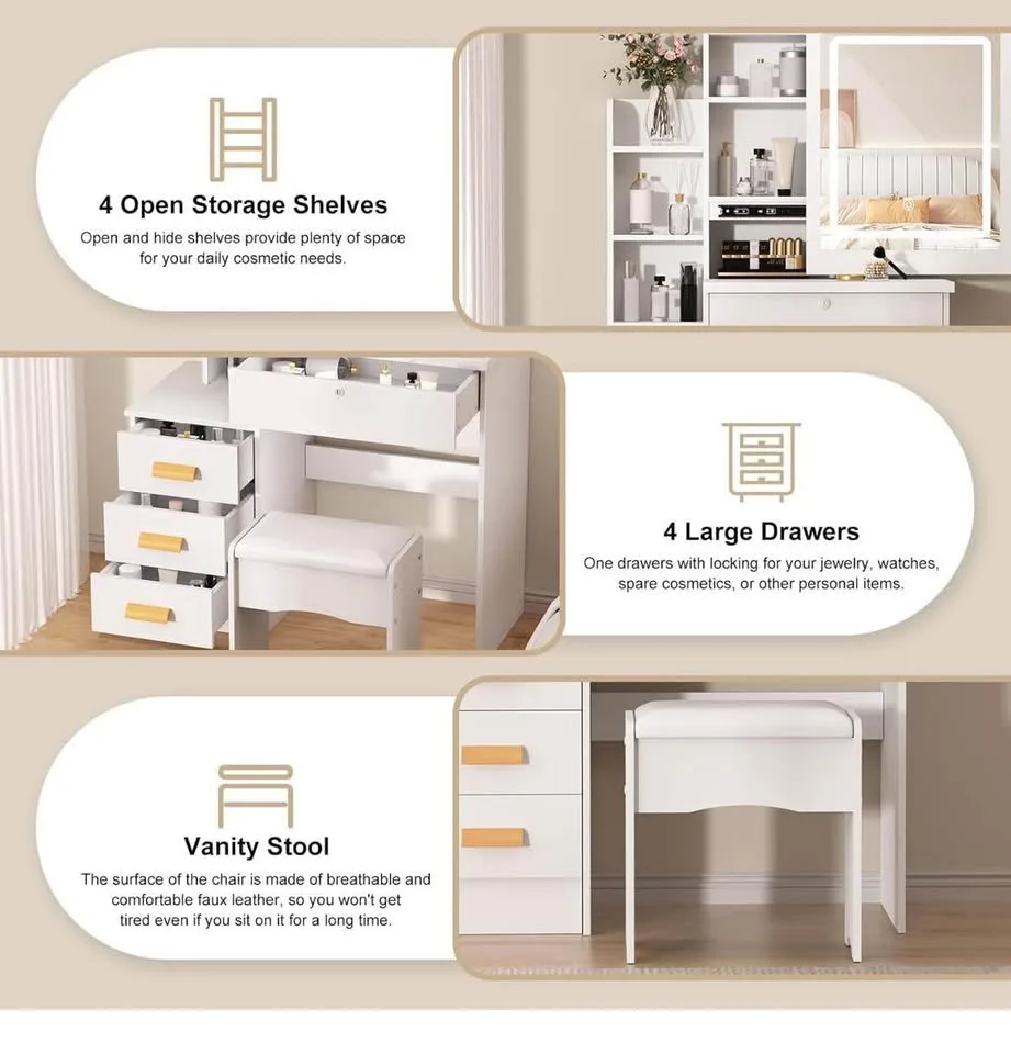 ✨ Makeup Vanity Desk with LED Light Mirror & Drawers – White-Qua image indicator(4)