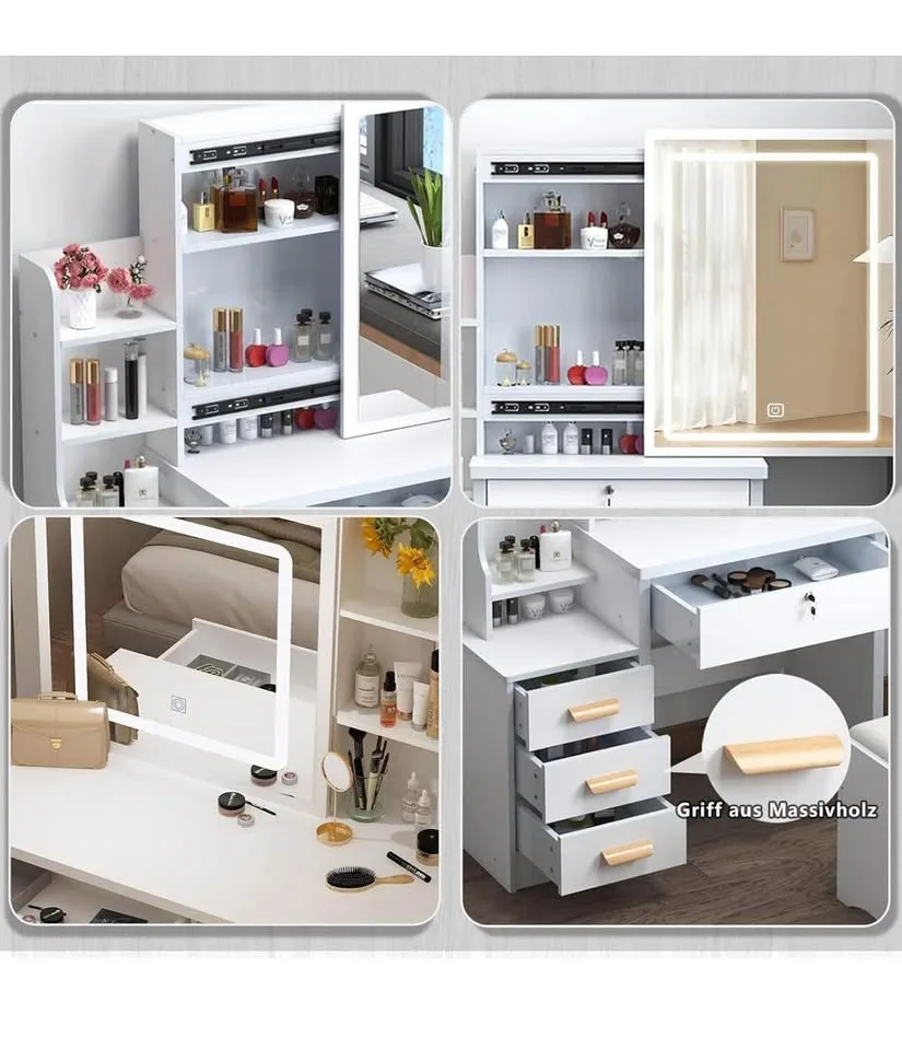✨ Makeup Vanity Desk with LED Light Mirror & Drawers – White-Qua image indicator(7)