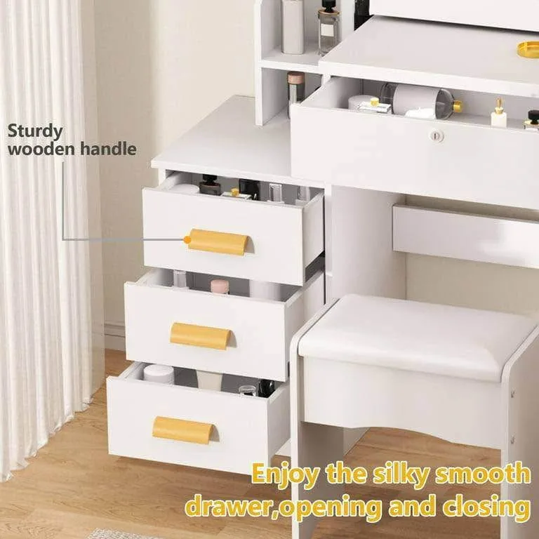 ✨ Makeup Vanity Desk with LED Light Mirror & Drawers – White-Qua image indicator(8)