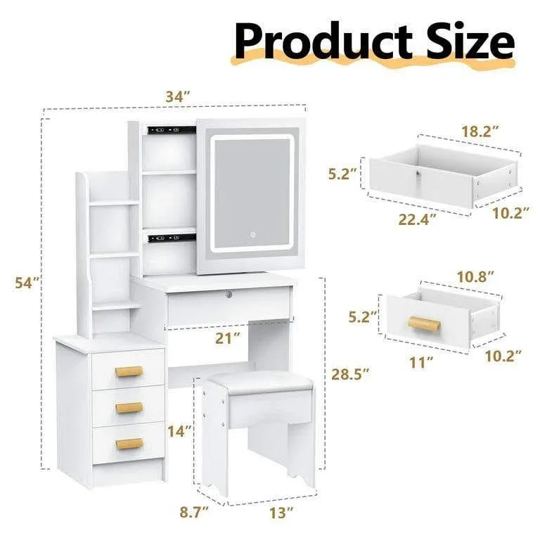 ✨ Makeup Vanity Desk with LED Light Mirror & Drawers – White-Qua image indicator(10)