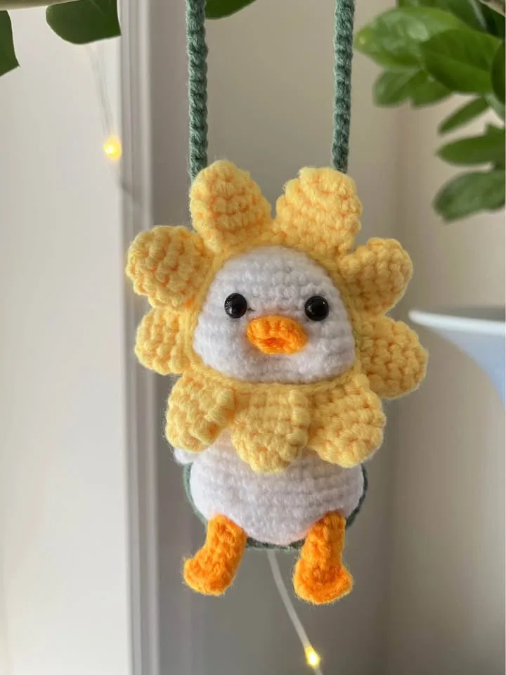 Crochet yellow duck flower head hanging decor image indicator(2)