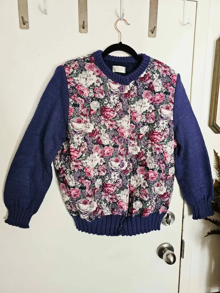 Vintage Quilted Floral Blue Knit Cardigan Sweater image indicator(2)
