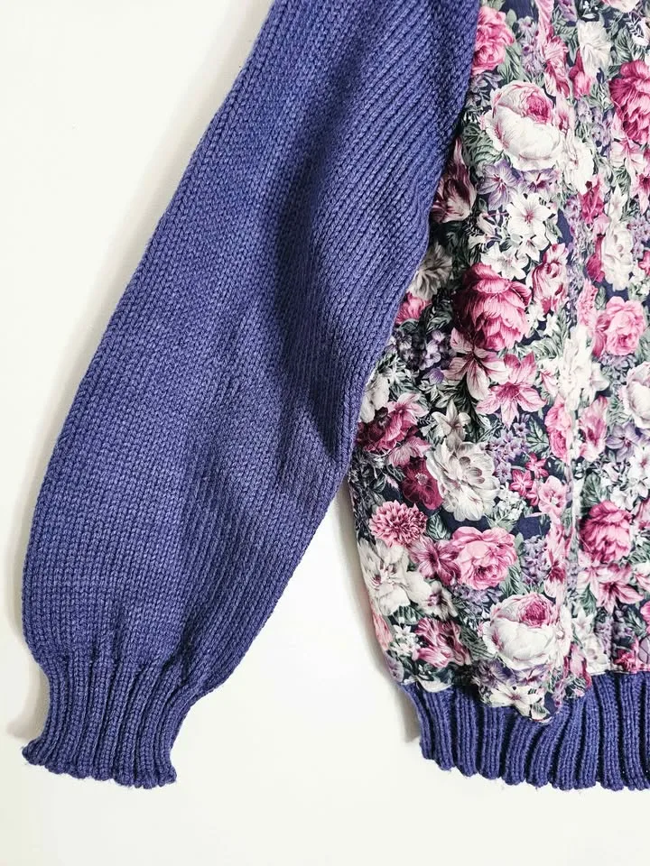 Vintage Quilted Floral Blue Knit Cardigan Sweater image indicator(5)