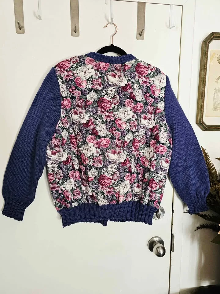 Vintage Quilted Floral Blue Knit Cardigan Sweater image indicator(7)
