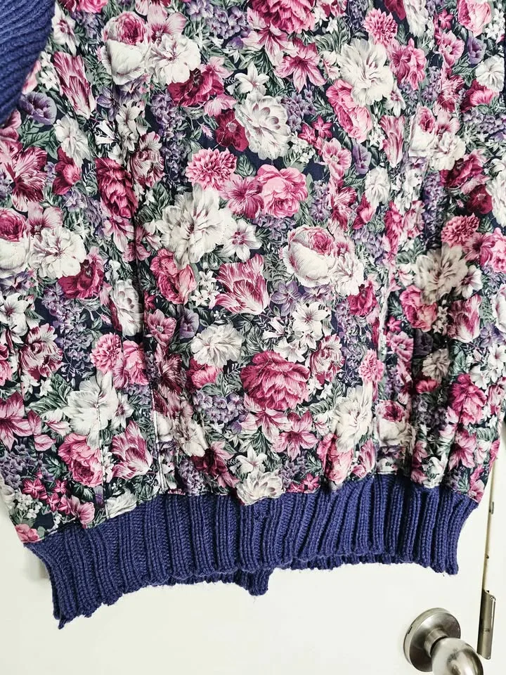 Vintage Quilted Floral Blue Knit Cardigan Sweater image indicator(9)