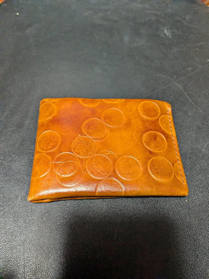 Handmade Distressed Leather Wallet (Canadian Penny Detail) – $10