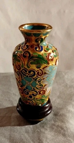 Chinese Cloisonne Enamel Gilded Vase 3 Inch