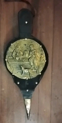 Antique Brass Wood Leather Fire Bellow Embossed Tavern Scene Rar