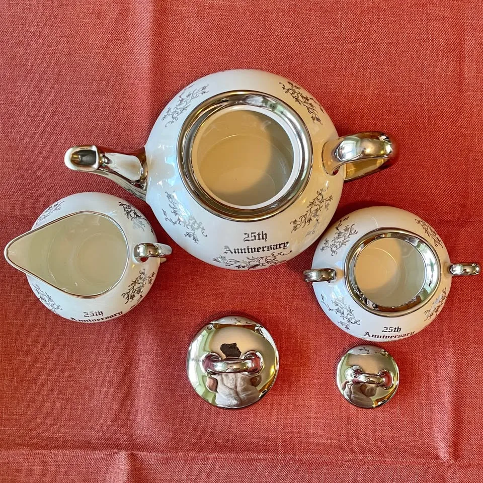 Vintage✨ Pearl China Co Platinum Rose 22k Teapot Set image indicator(6)