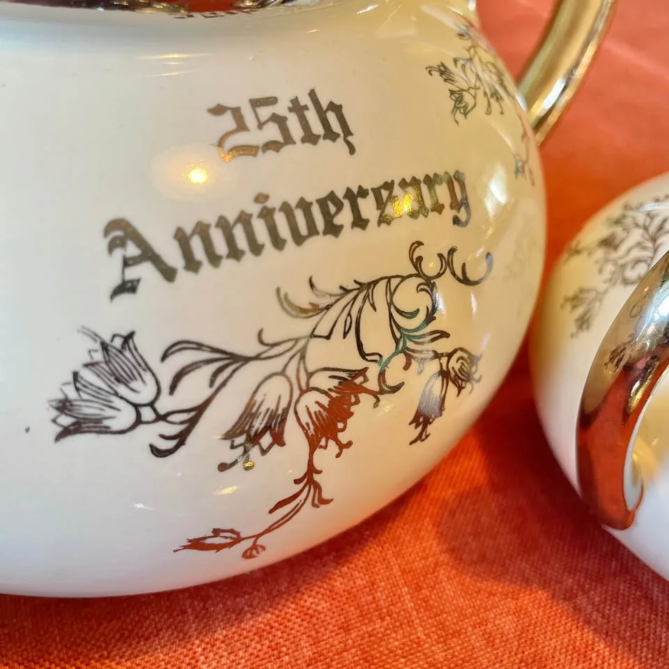 Vintage✨ Pearl China Co Platinum Rose 22k Teapot Set image indicator(7)