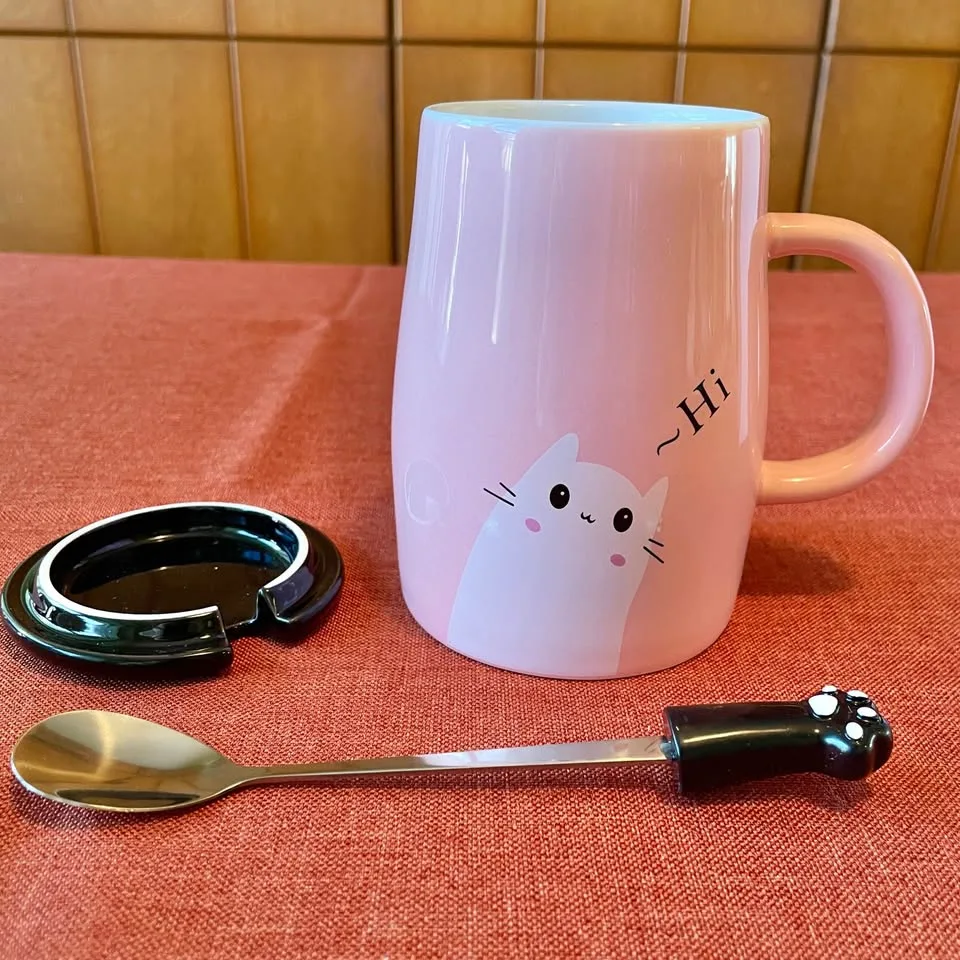 NEW✨Cute Pink Cat Mug with Lid and Paw Spoon image indicator(9)