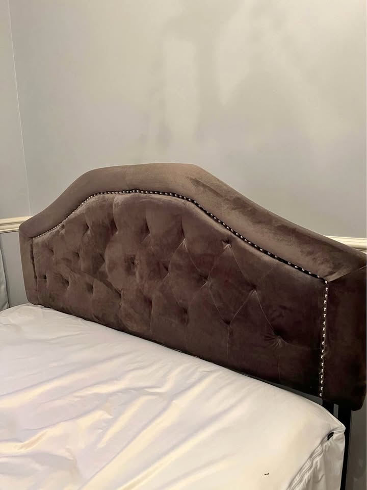 Queen Velvet Headboard Stud Trim Button Tufted Back Gray