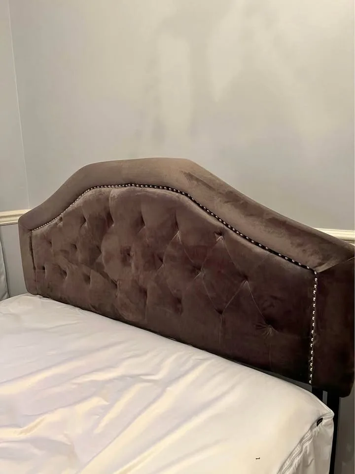 Queen Velvet Headboard Stud Trim Button Tufted Back Gray