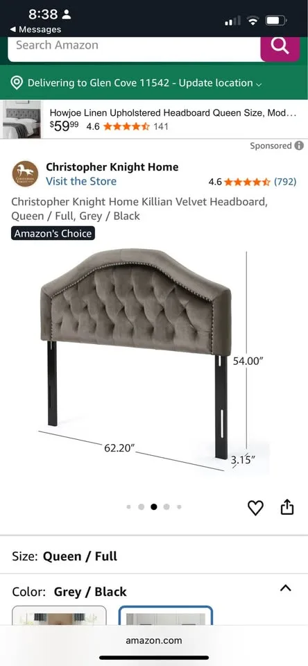 Queen Velvet Headboard Stud Trim Button Tufted Back Gray image indicator(2)