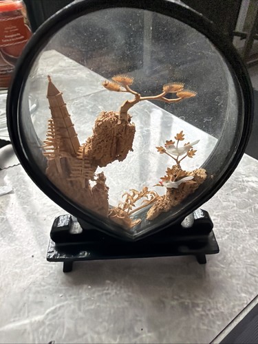 Vintage Chinese carved cork scene in glass display case